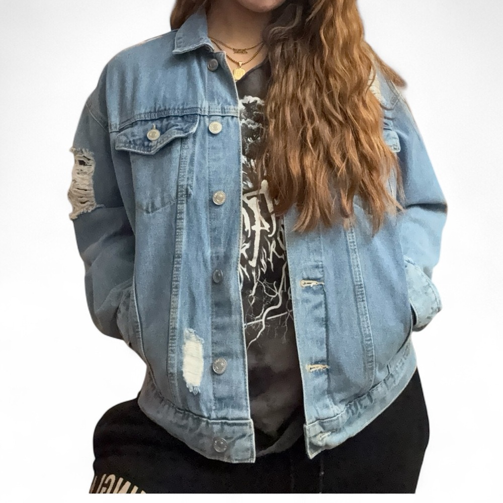 Oversized Distressed Blue Denim Jacket